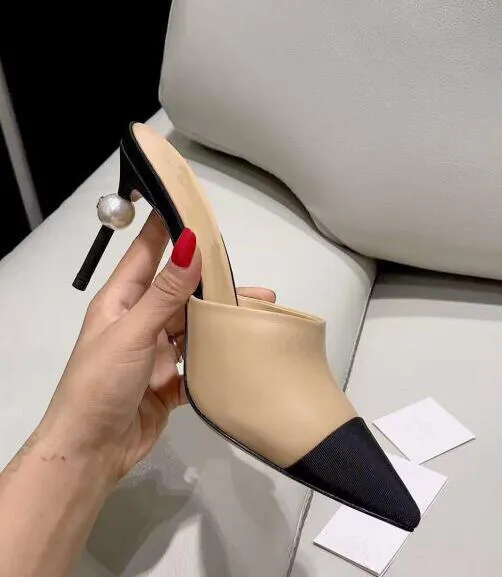 Nude Black Mixed Colors High Heel Sandal Woman Sexy Pointed Toe Pearls Thin Heels Party Shoes Summer Mules Sandal