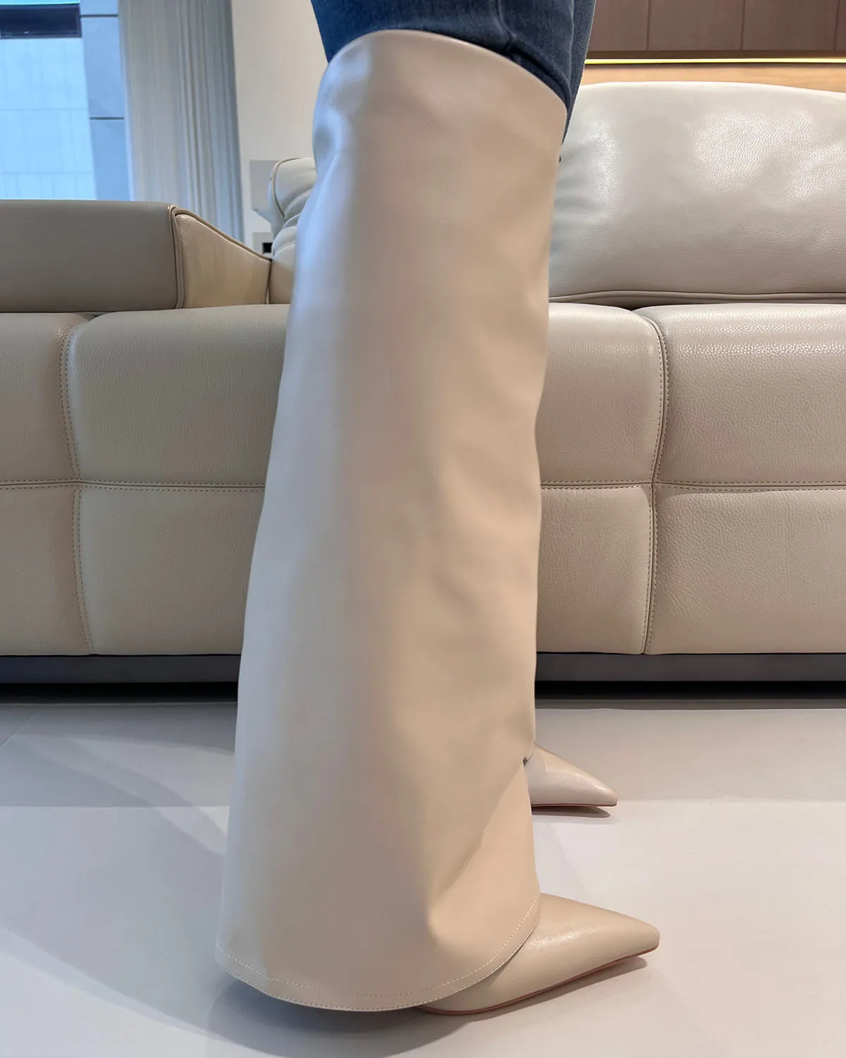 Nude leather pants pointed toe stiletto heel knee high boots
