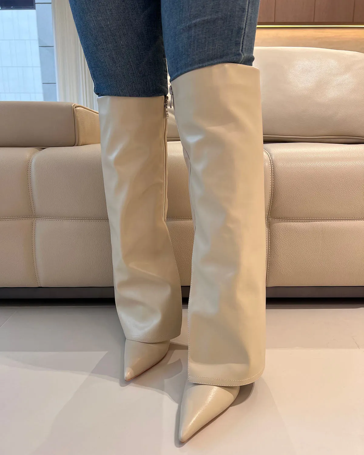 Nude leather pants pointed toe stiletto heel knee high boots