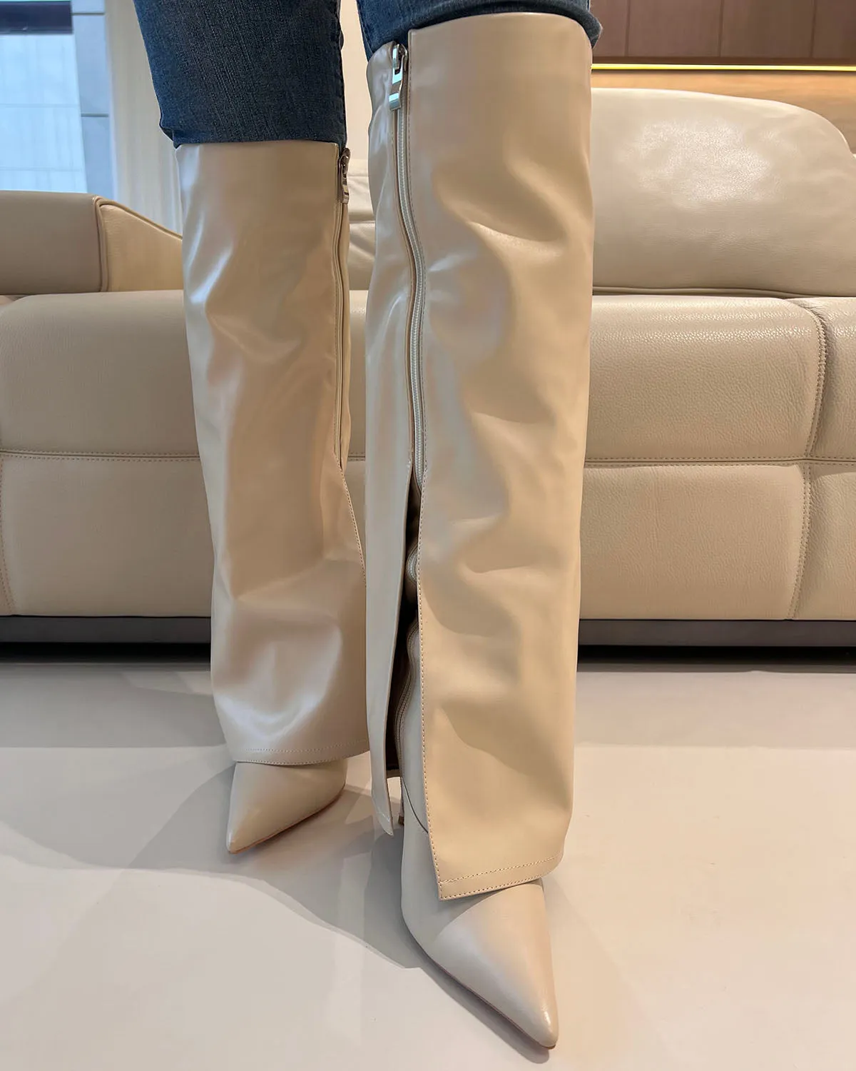 Nude leather pants pointed toe stiletto heel knee high boots