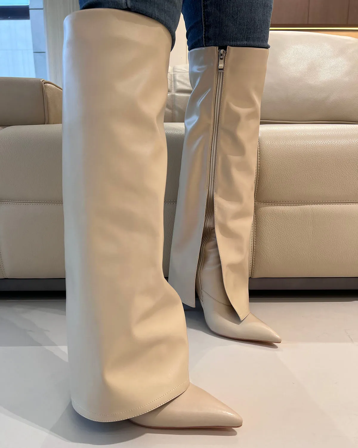 Nude leather pants pointed toe stiletto heel knee high boots