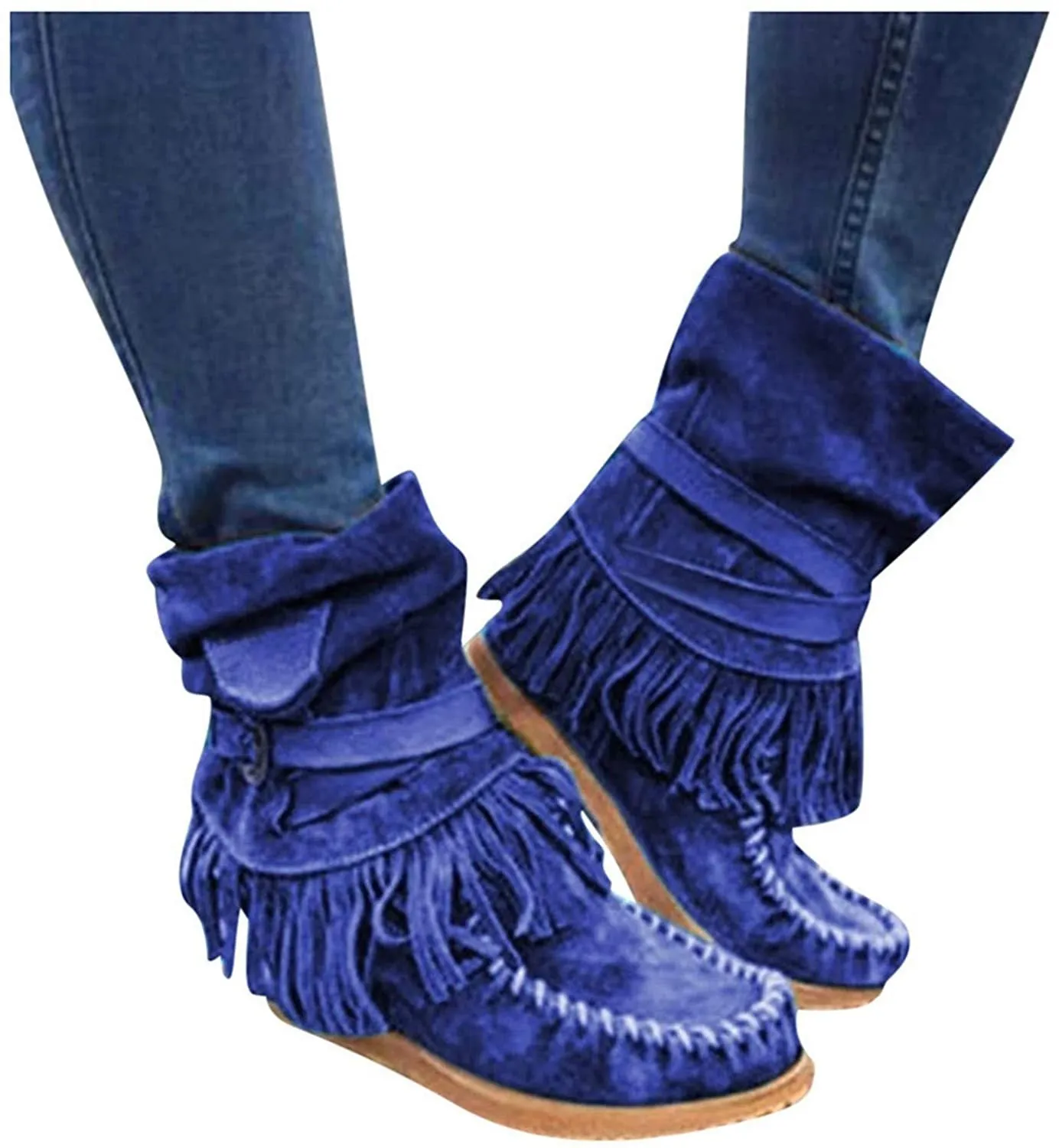 NXY Winsummer Fringe Ankle Boot for Women Moccasin Suede Ankle Booties Vintage Fringe Mid-Calf Flat Shoes
