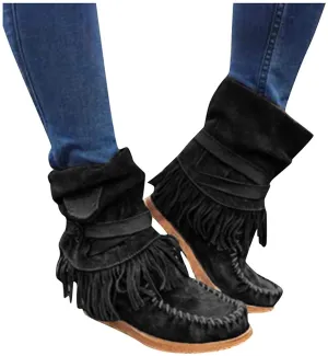 NXY Winsummer Fringe Ankle Boot for Women Moccasin Suede Ankle Booties Vintage Fringe Mid-Calf Flat Shoes