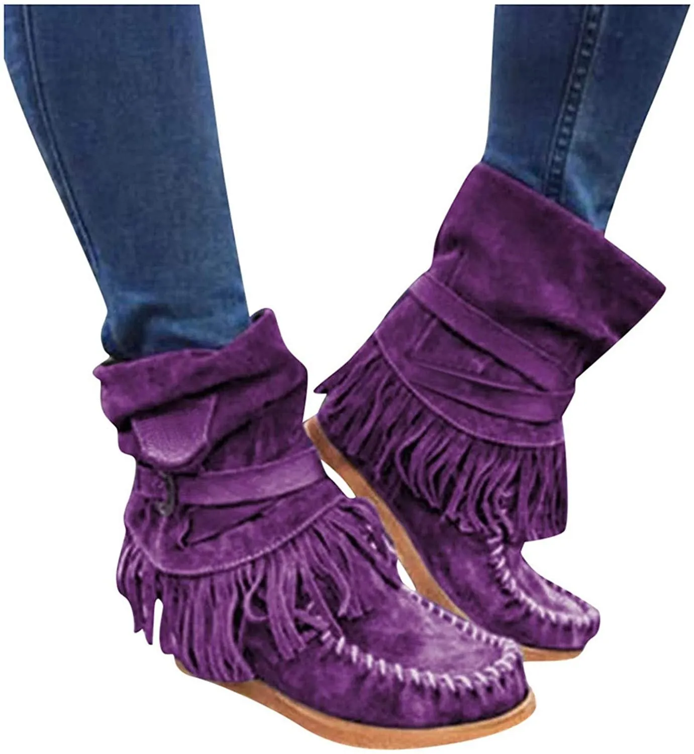 NXY Winsummer Fringe Ankle Boot for Women Moccasin Suede Ankle Booties Vintage Fringe Mid-Calf Flat Shoes