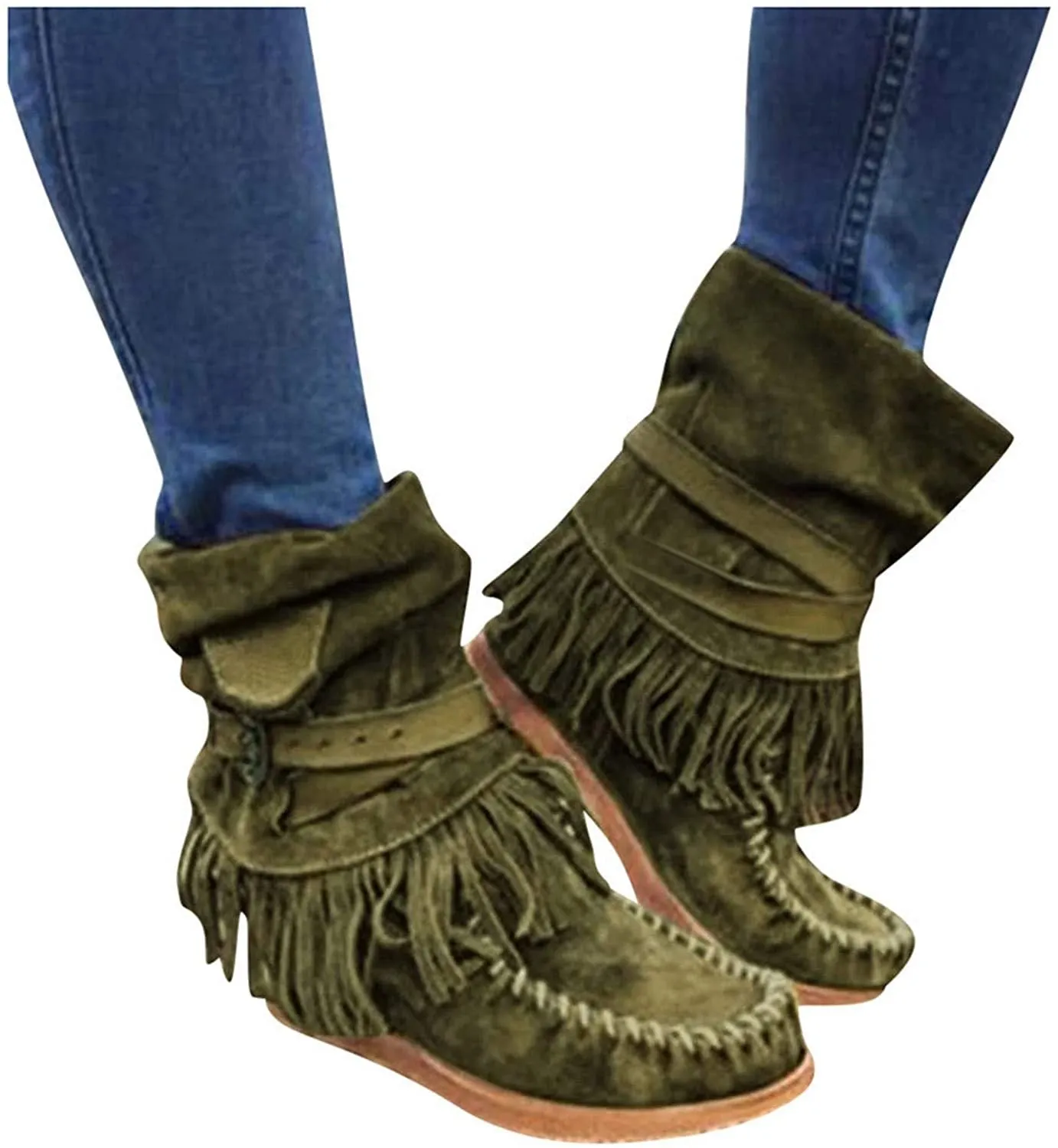 NXY Winsummer Fringe Ankle Boot for Women Moccasin Suede Ankle Booties Vintage Fringe Mid-Calf Flat Shoes