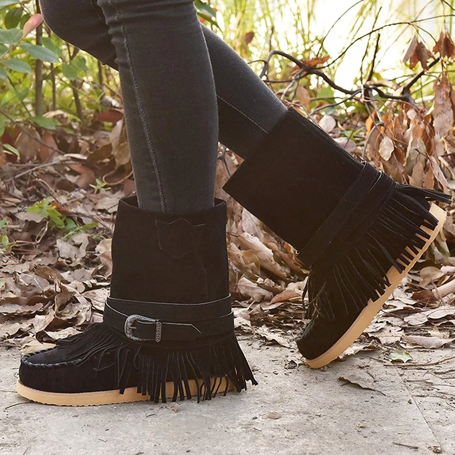 NXY Winsummer Fringe Ankle Boot for Women Moccasin Suede Ankle Booties Vintage Fringe Mid-Calf Flat Shoes