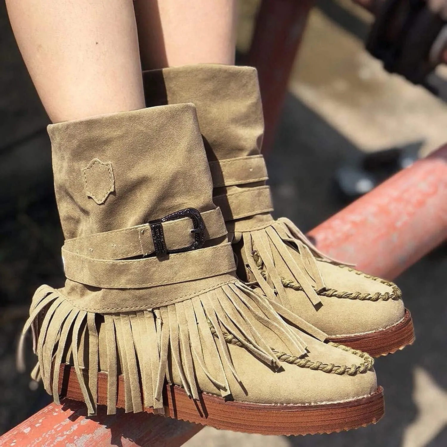 NXY Winsummer Fringe Ankle Boot for Women Moccasin Suede Ankle Booties Vintage Fringe Mid-Calf Flat Shoes