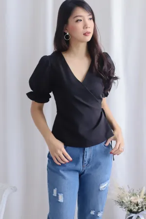 Oaklee Puffy Sleeve Wrap Top In Black