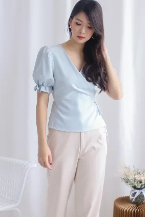 Oaklee Puffy Sleeve Wrap Top In Blue