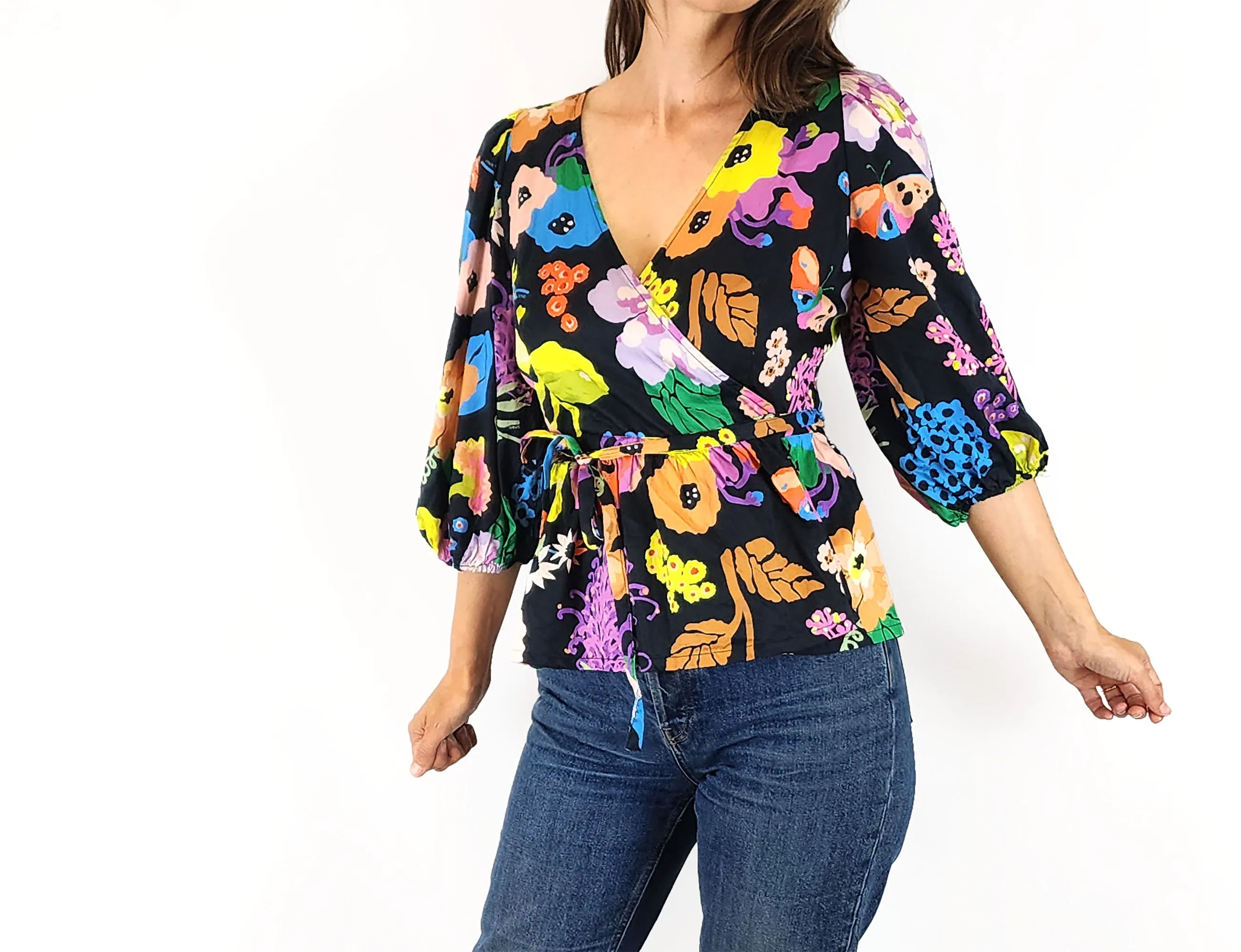 Obus flora print wrap style top size 8
