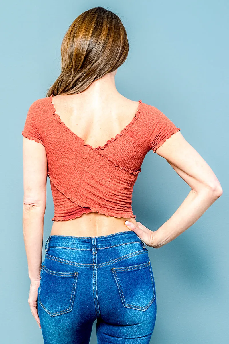 Off Shoulder Criss Cross Surplice Wrap Crop Top with Cap Sleeves and Lettuce Hem (2297TK)