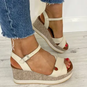 Oh My Sandals Leather Crossover Wedge Sandals - Cream