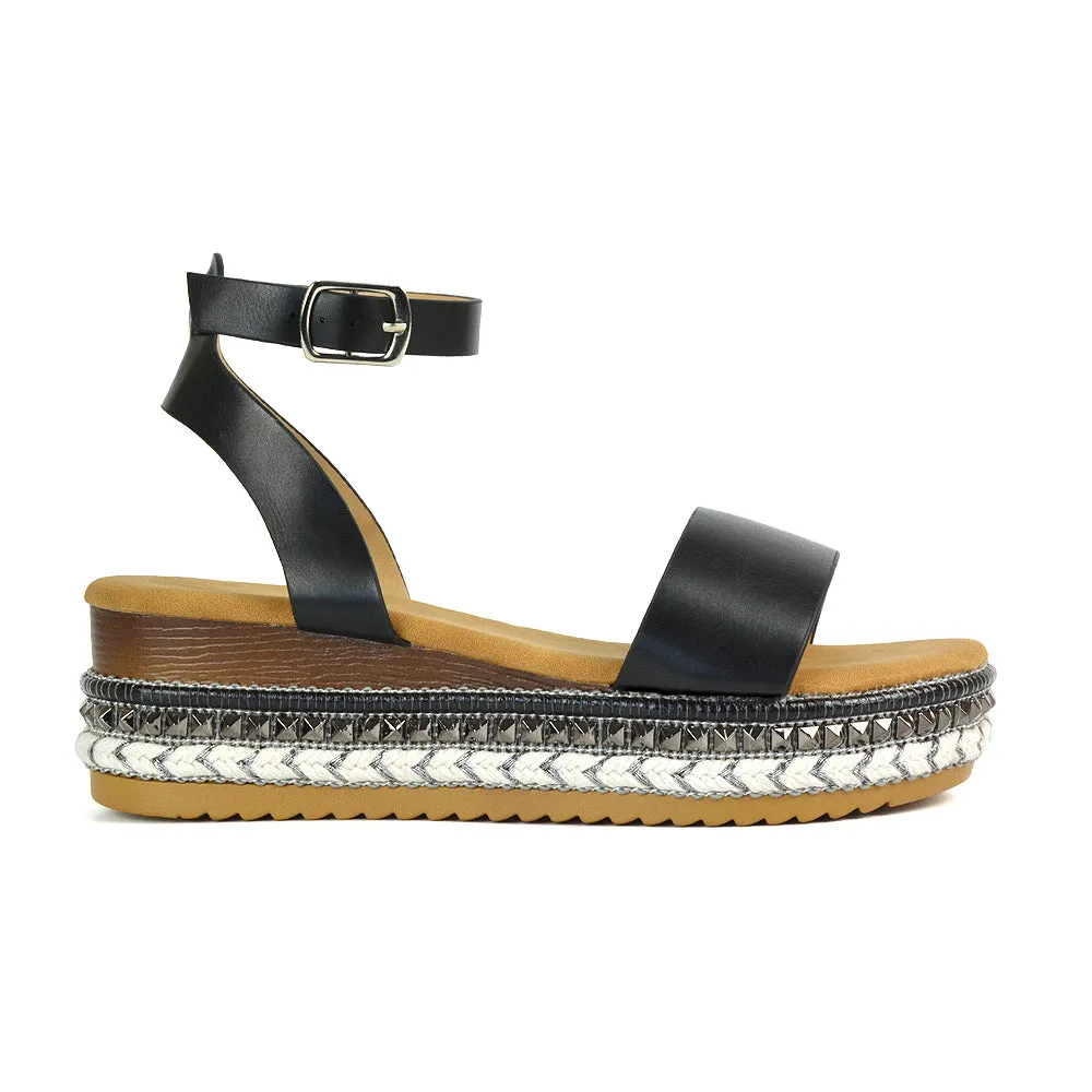 Olivia Flatform Ankle Strap Wedge Heel Summer Sandals in Black