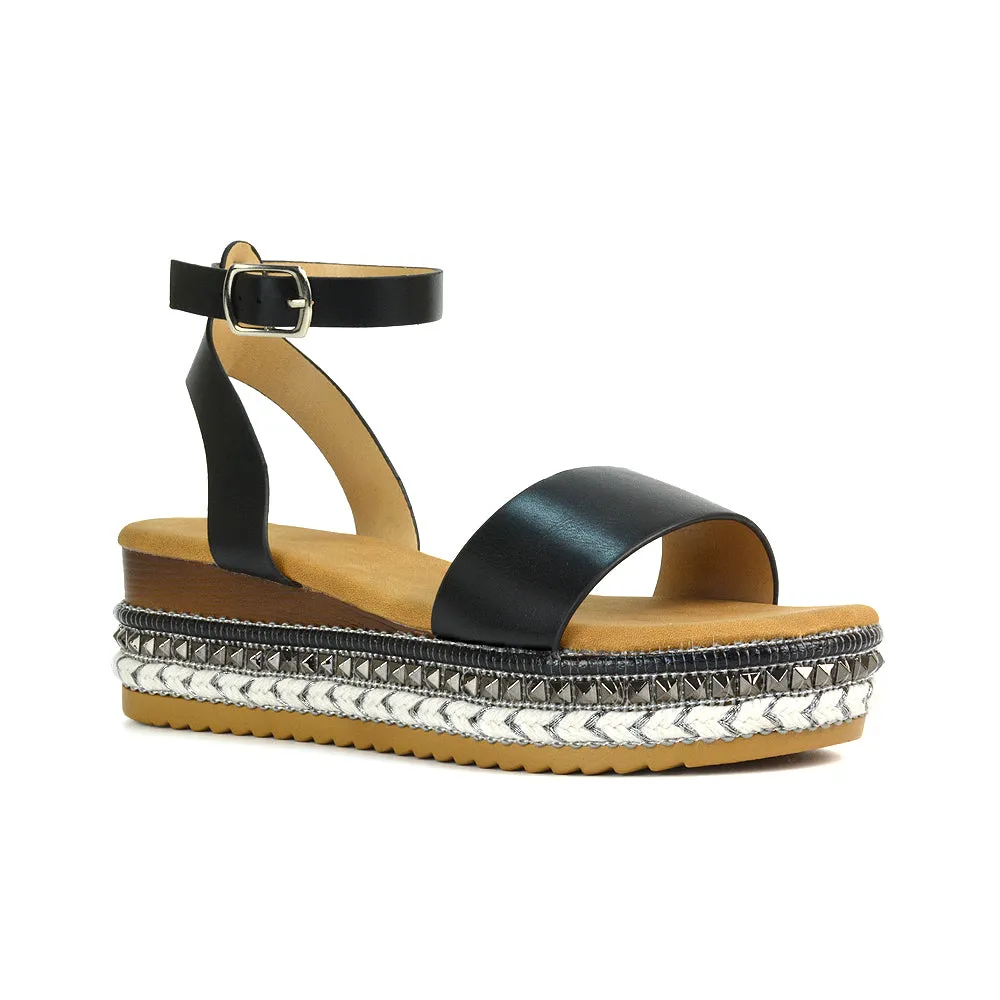 Olivia Flatform Ankle Strap Wedge Heel Summer Sandals in Black