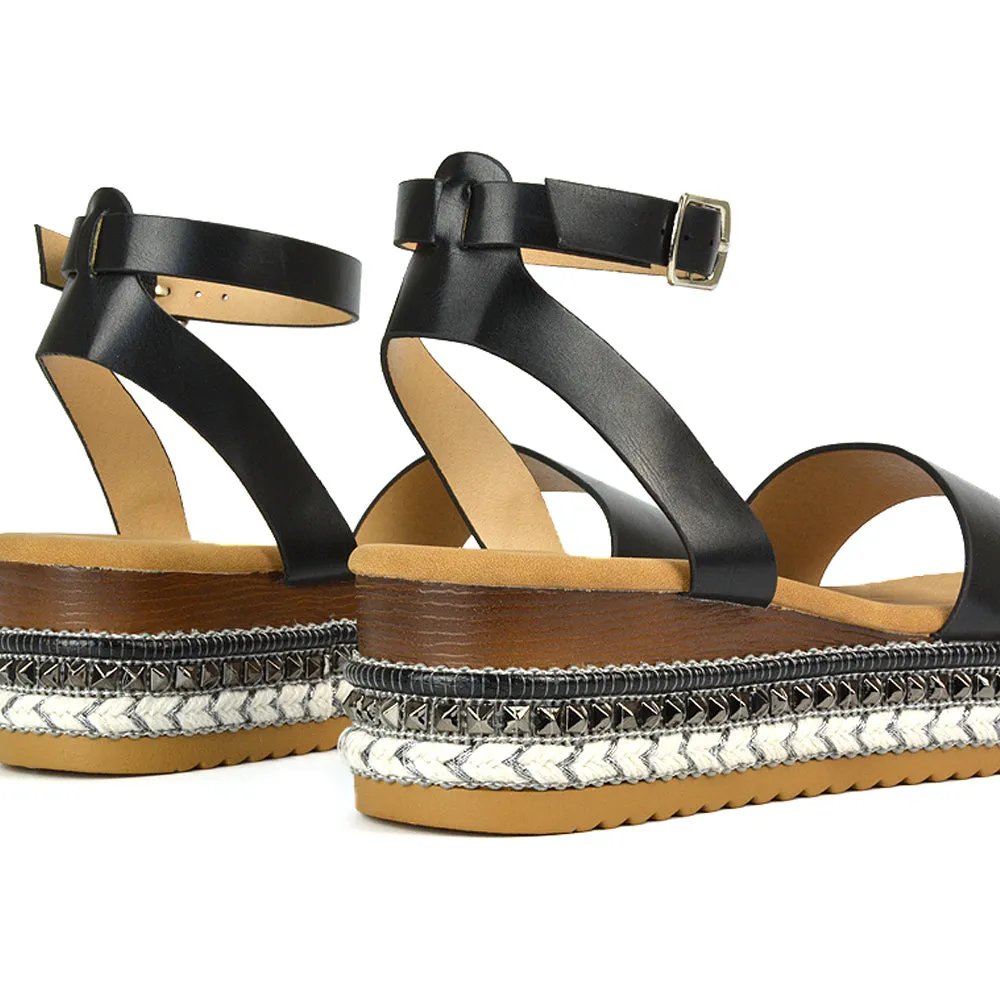 Olivia Flatform Ankle Strap Wedge Heel Summer Sandals in Black