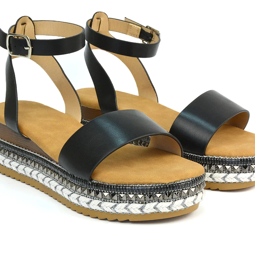 Olivia Flatform Ankle Strap Wedge Heel Summer Sandals in Black