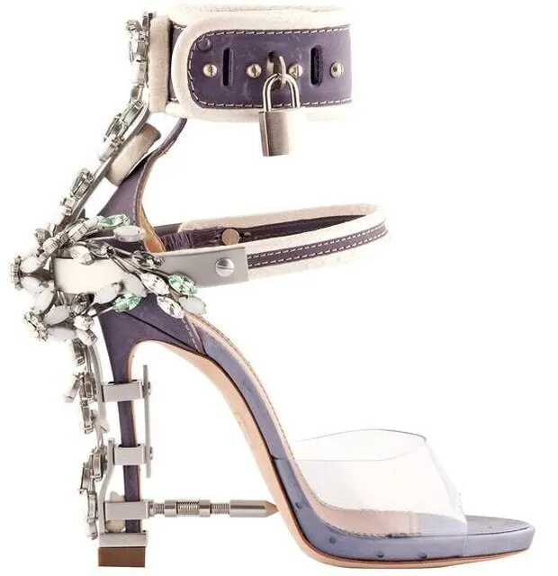 Open Toe Padlock Spiked High Heels Crystal Sandal Party Shoes