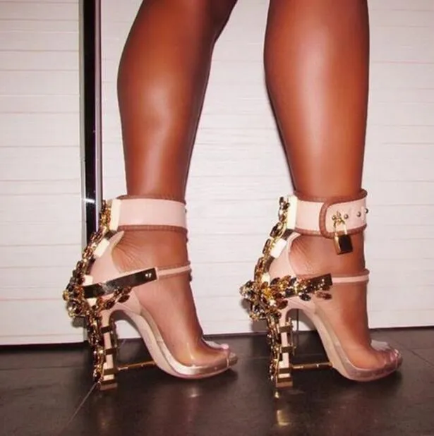 Open Toe Padlock Spiked High Heels Crystal Sandal Party Shoes