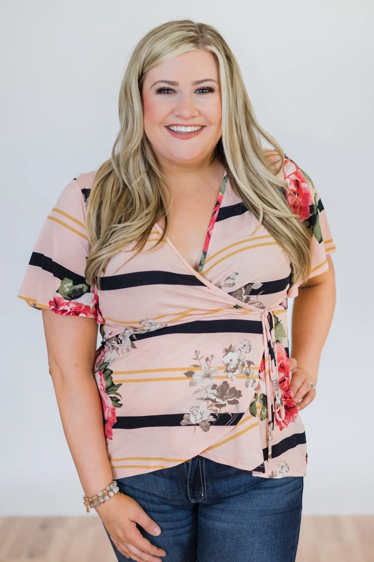 Passing Fancy Floral Wrap Top- Blush Pink