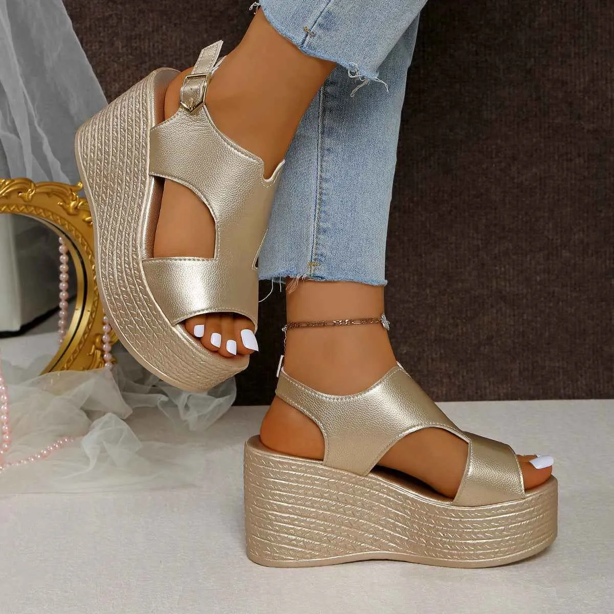 Peep Toe Wedge Sandals with Cut Out Design