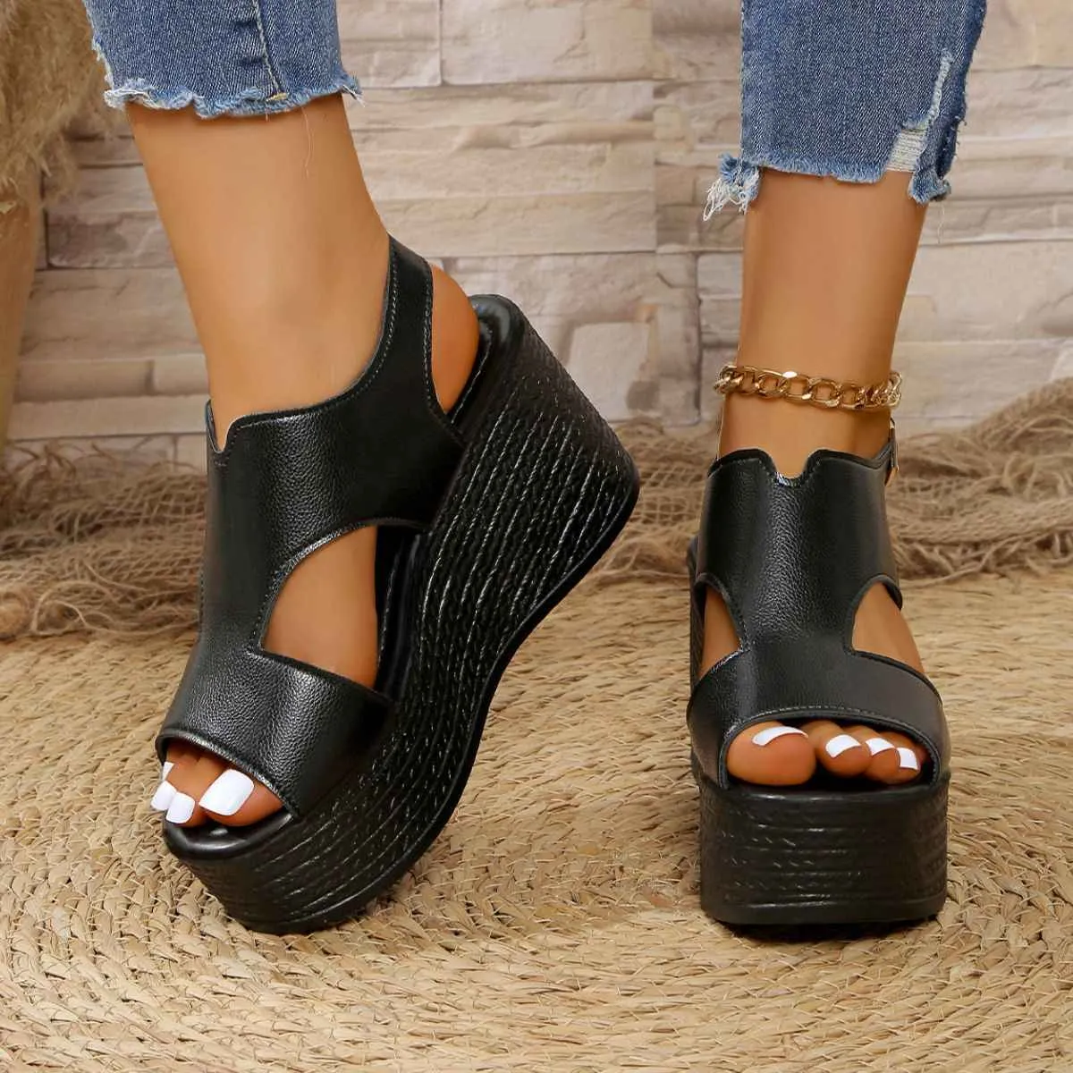 Peep Toe Wedge Sandals with Cut Out Design