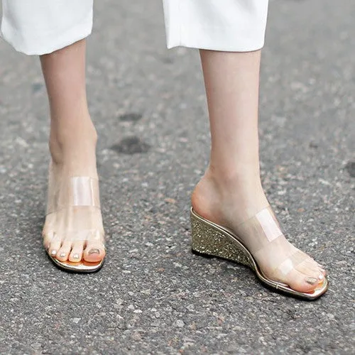 Petite Glitter Wedge Heel Clear Sandals DS205
