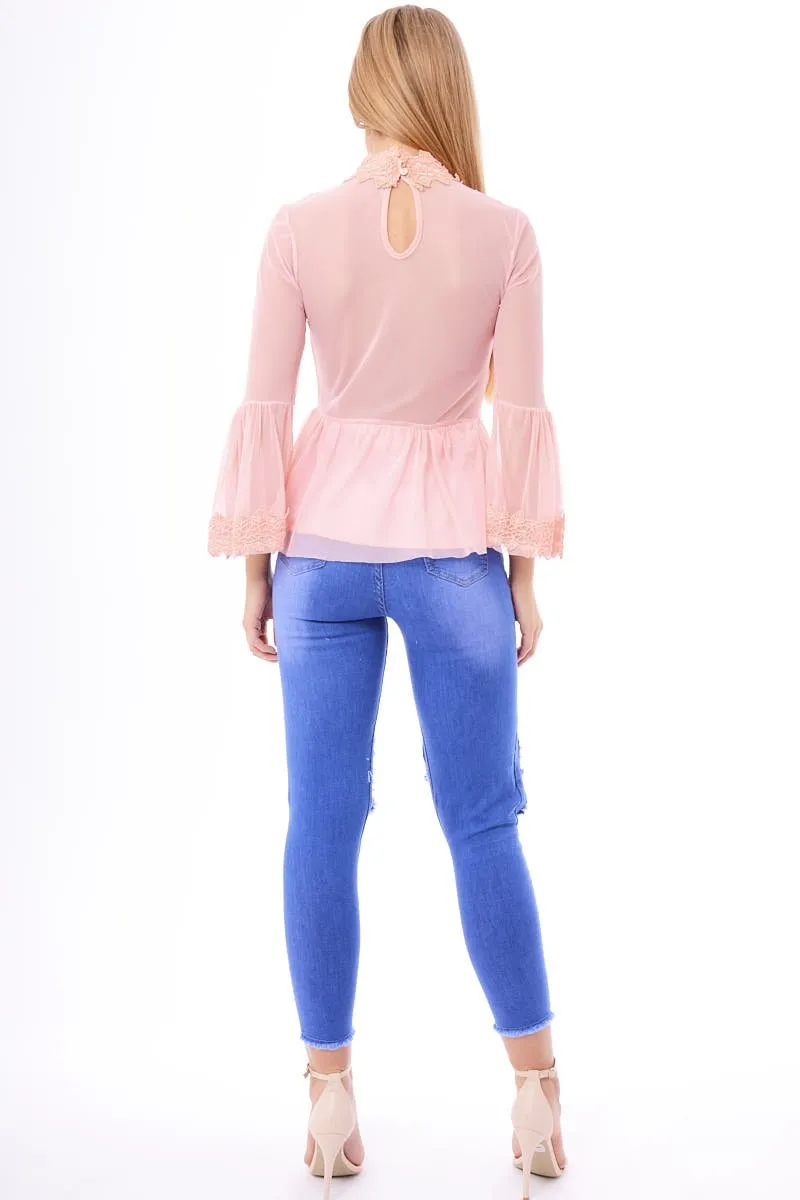 Pink Mesh Crochet Bell Sleeve High Neck Blouse - Loretta