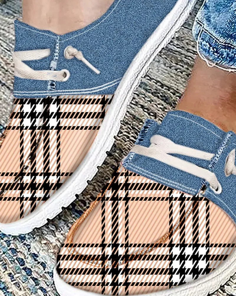 Plaid Print Colorblock Lace up Slip On Sneakers