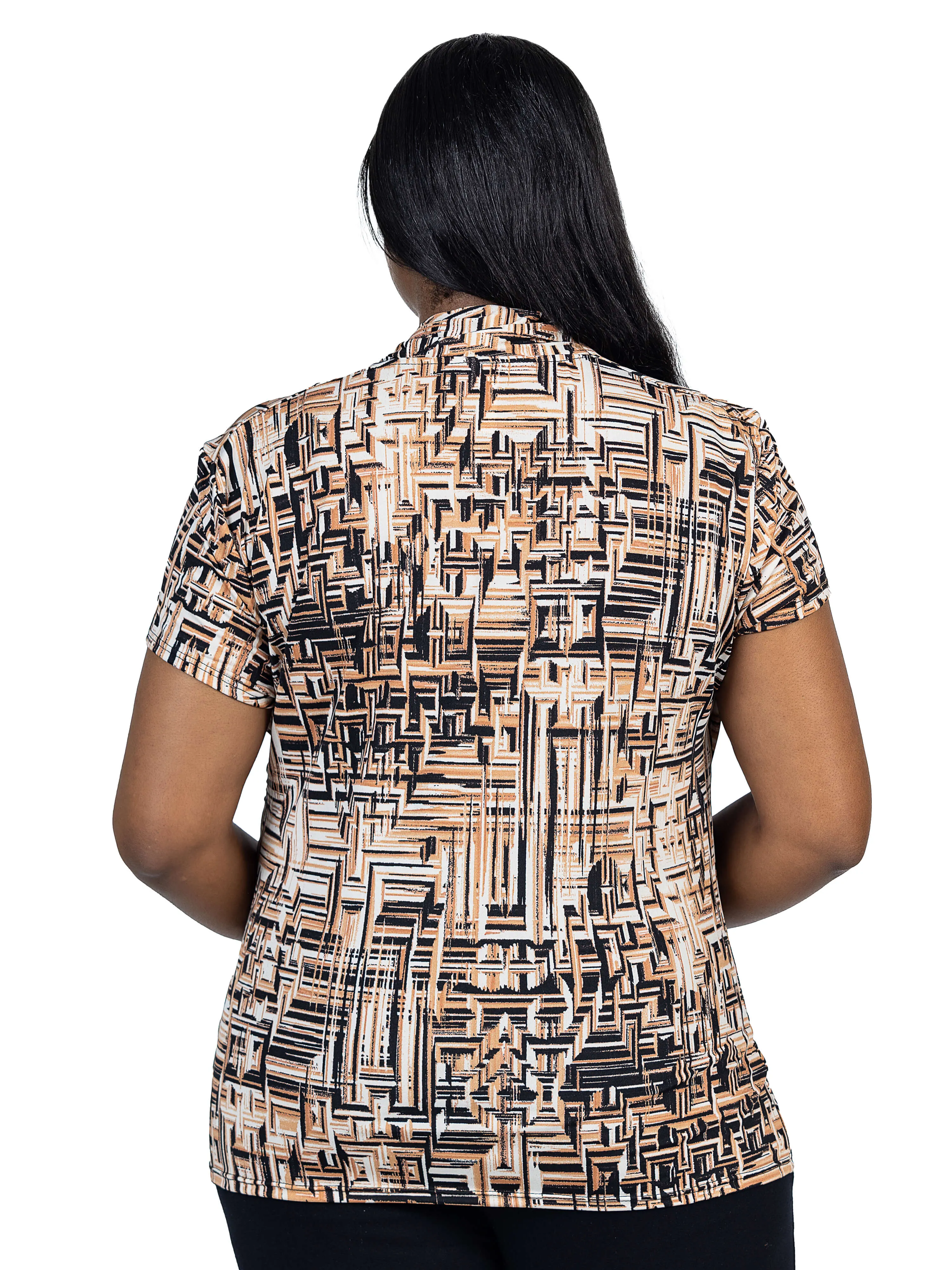 Plus Size Brown Print Short Sleeve V Neck Wrap Top