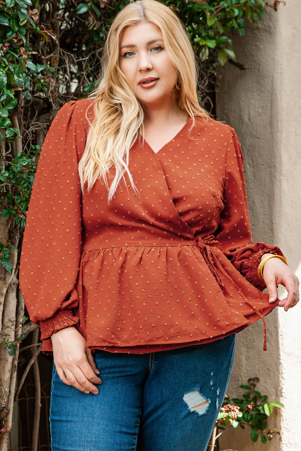 Plus Size V Neck Wrap Tie Side Blouse
