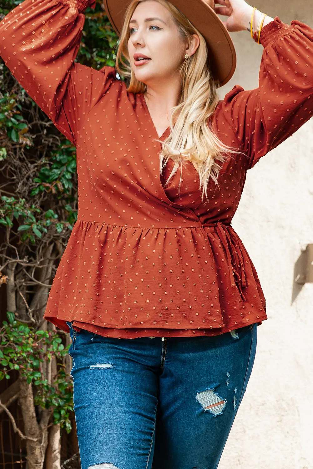 Plus Size V Neck Wrap Tie Side Blouse