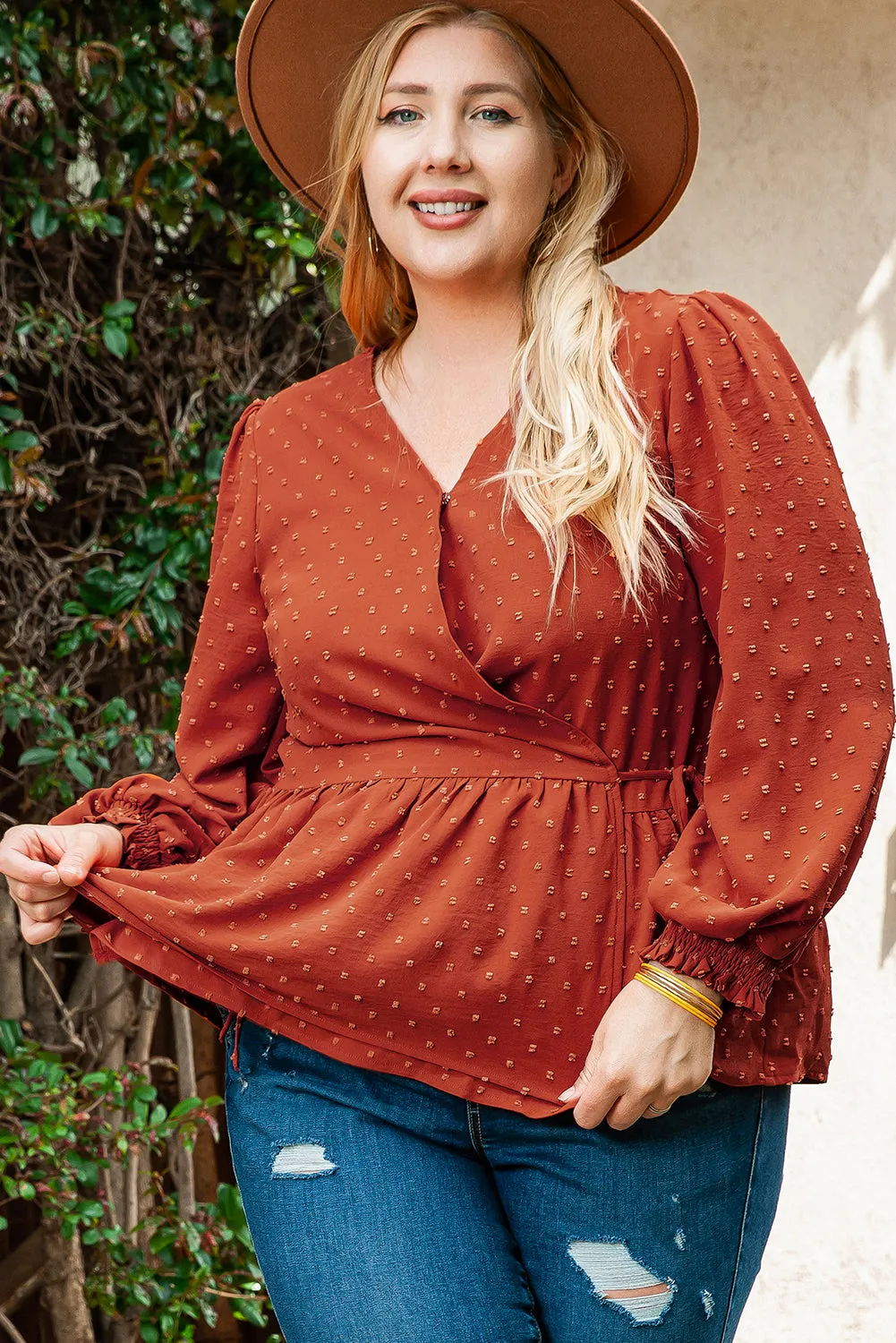 Plus Size V Neck Wrap Tie Side Blouse