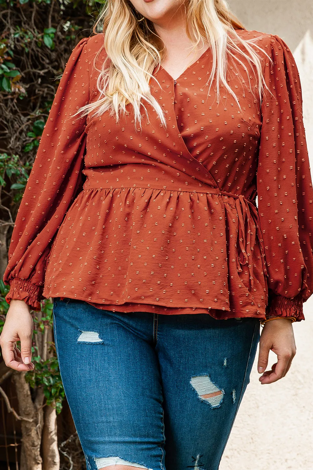 Plus Size V Neck Wrap Tie Side Blouse