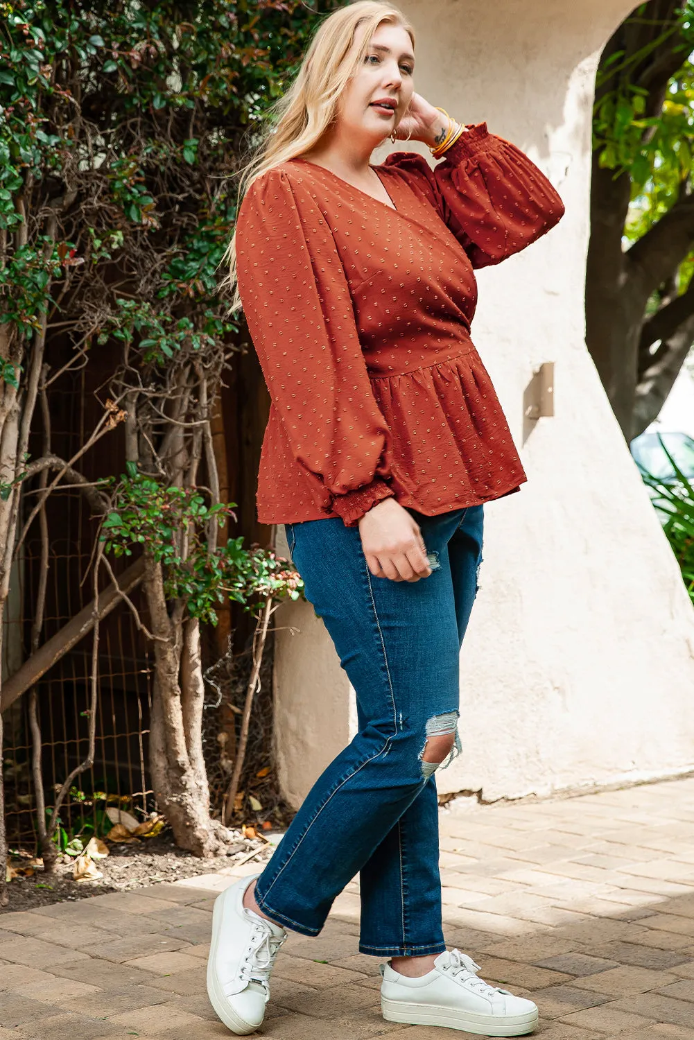 Plus Size V Neck Wrap Tie Side Blouse