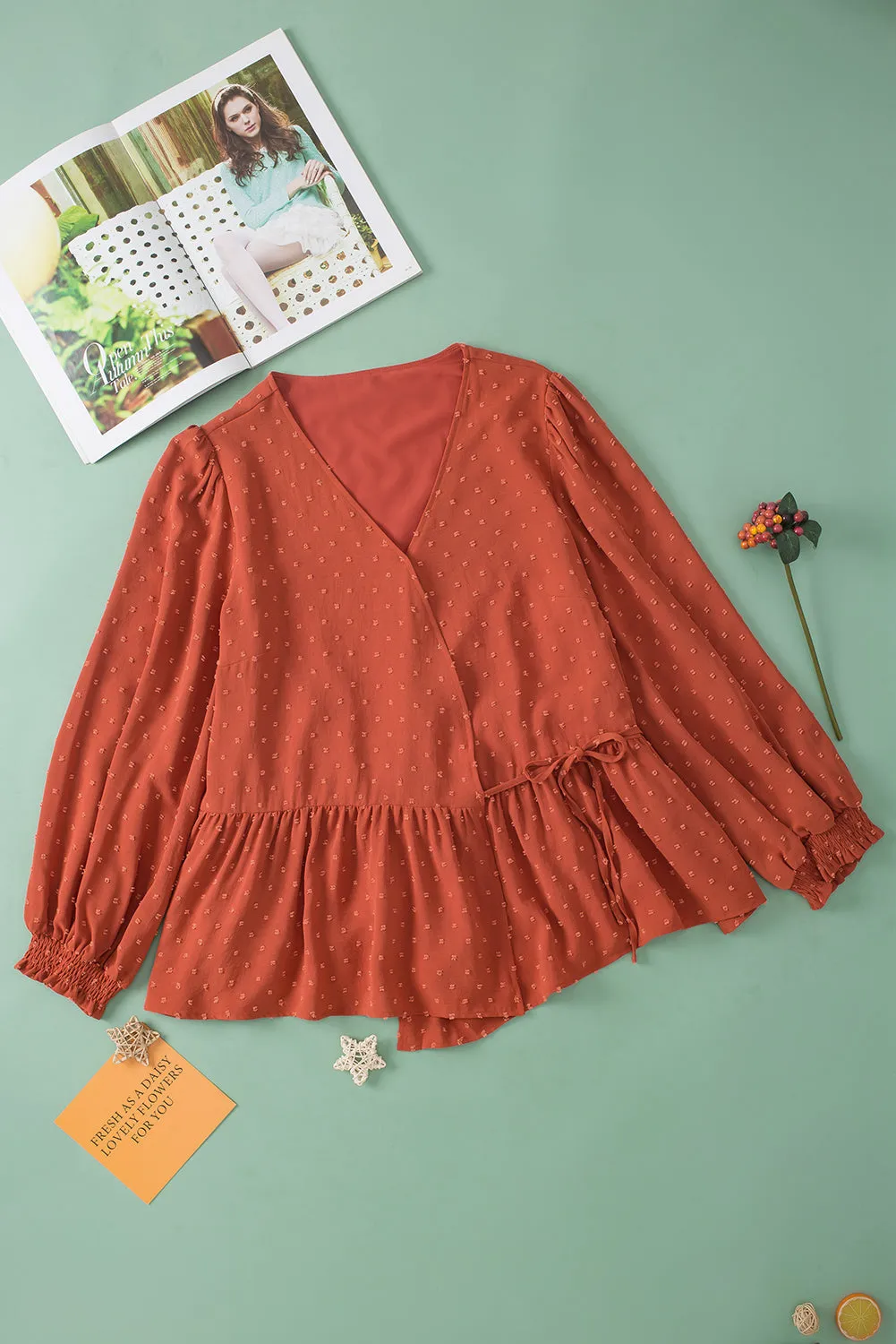 Plus Size V Neck Wrap Tie Side Blouse