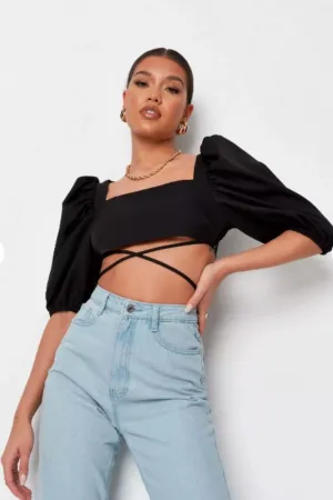 Pull Sleeve Wrap Crop Top