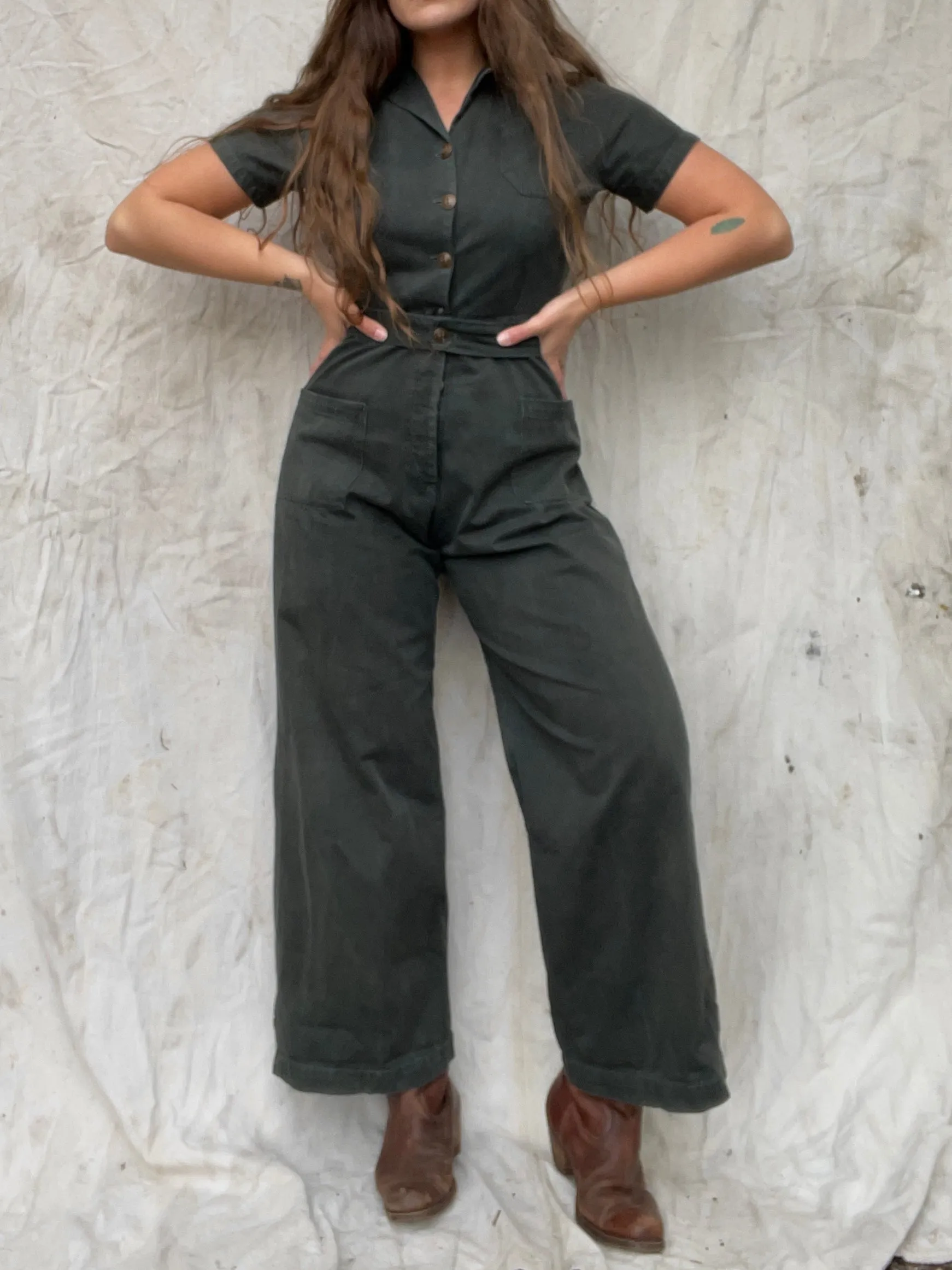 Rare WWII Era Ladies Workwear Belted Cotton Twill Coveralls