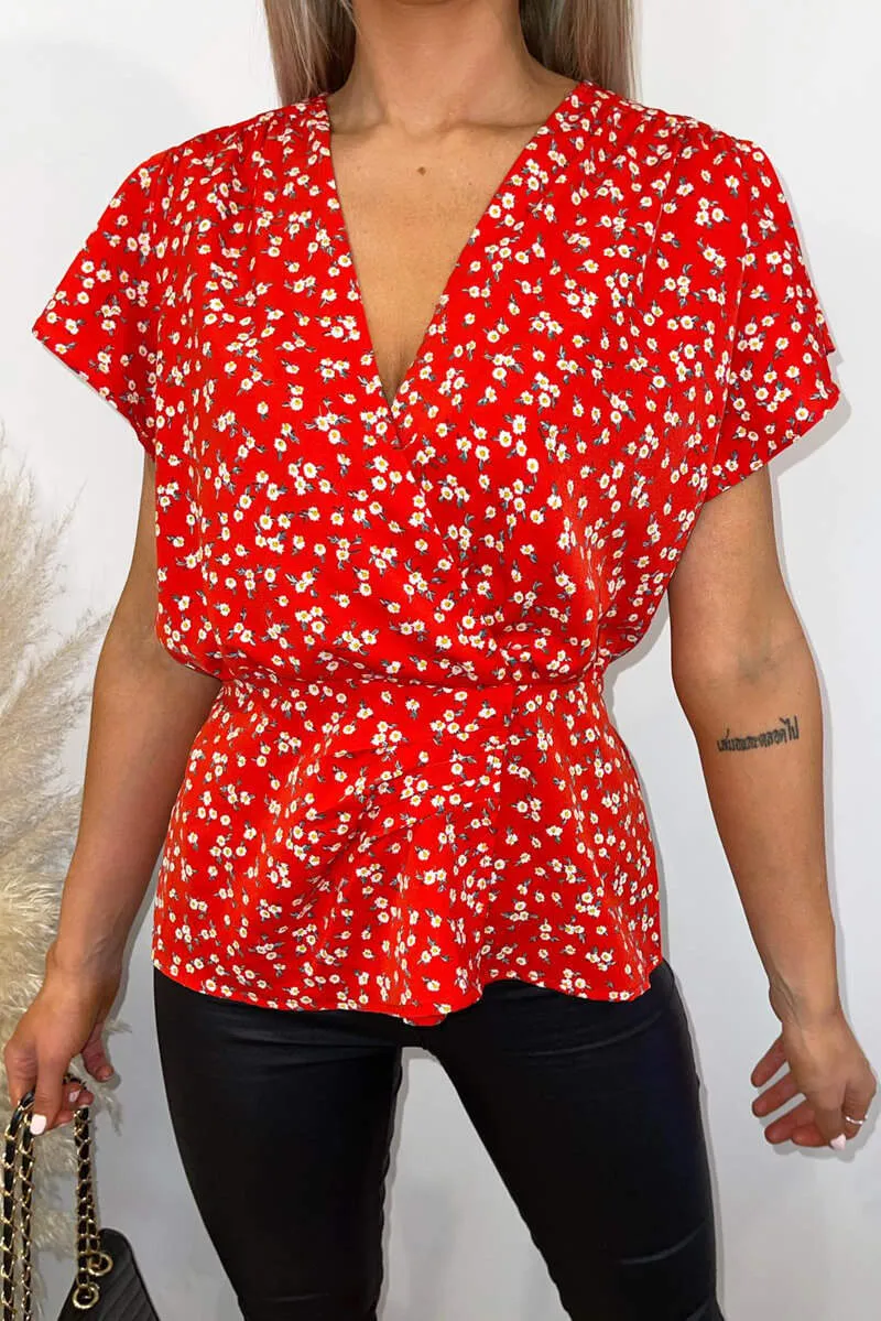 Red Floral Wrap Over Peplum Top