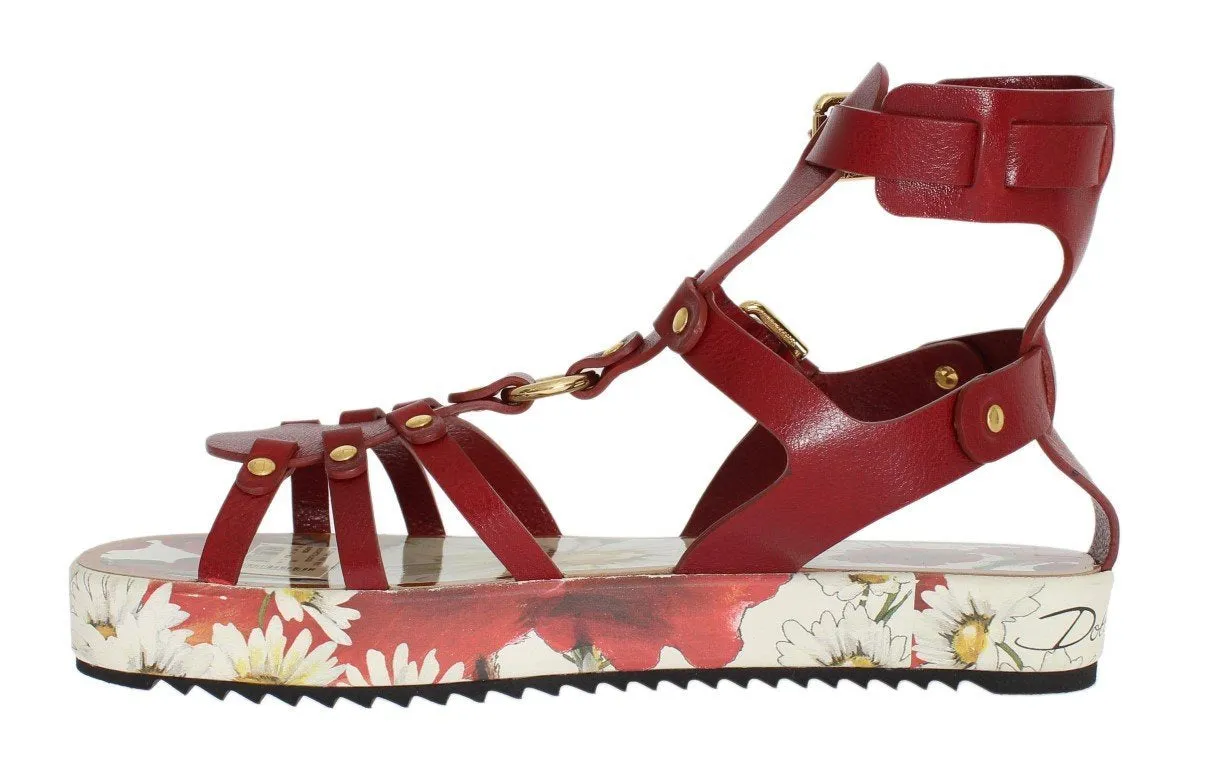 Red Leather Gladiator Flat Sandals