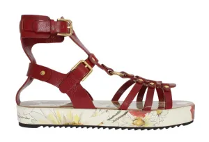 Red Leather Gladiator Flat Sandals