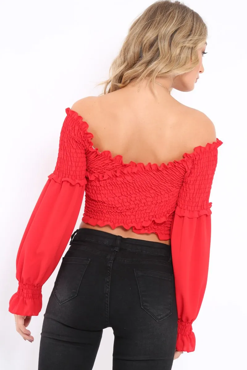 Red Shirred Wrap Over Bardot Crop Top - Zuri