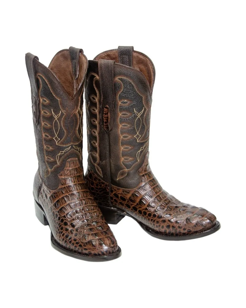 REPARO TX Men’s Caiman Hornback Print Brown Western Boots Whit Brown Top