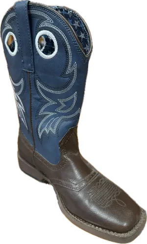 Roper Children's Brown Square Toe Boots with Blue Shaft with White Stitching