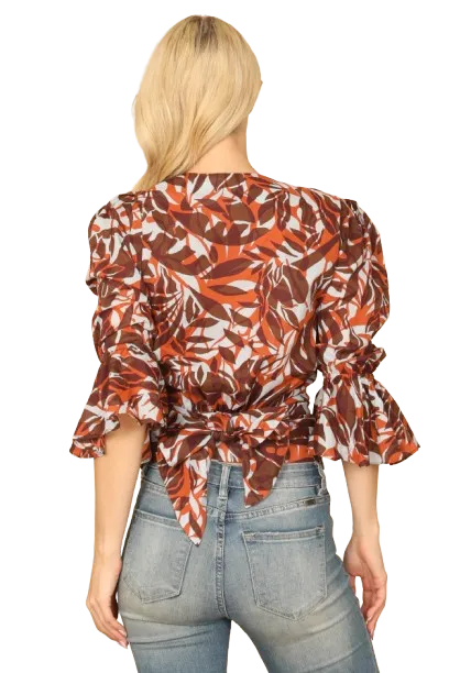 Rust Blue Flounce Sleeve Wrap Printed Back Ribbon Crop Top - Pack of 5