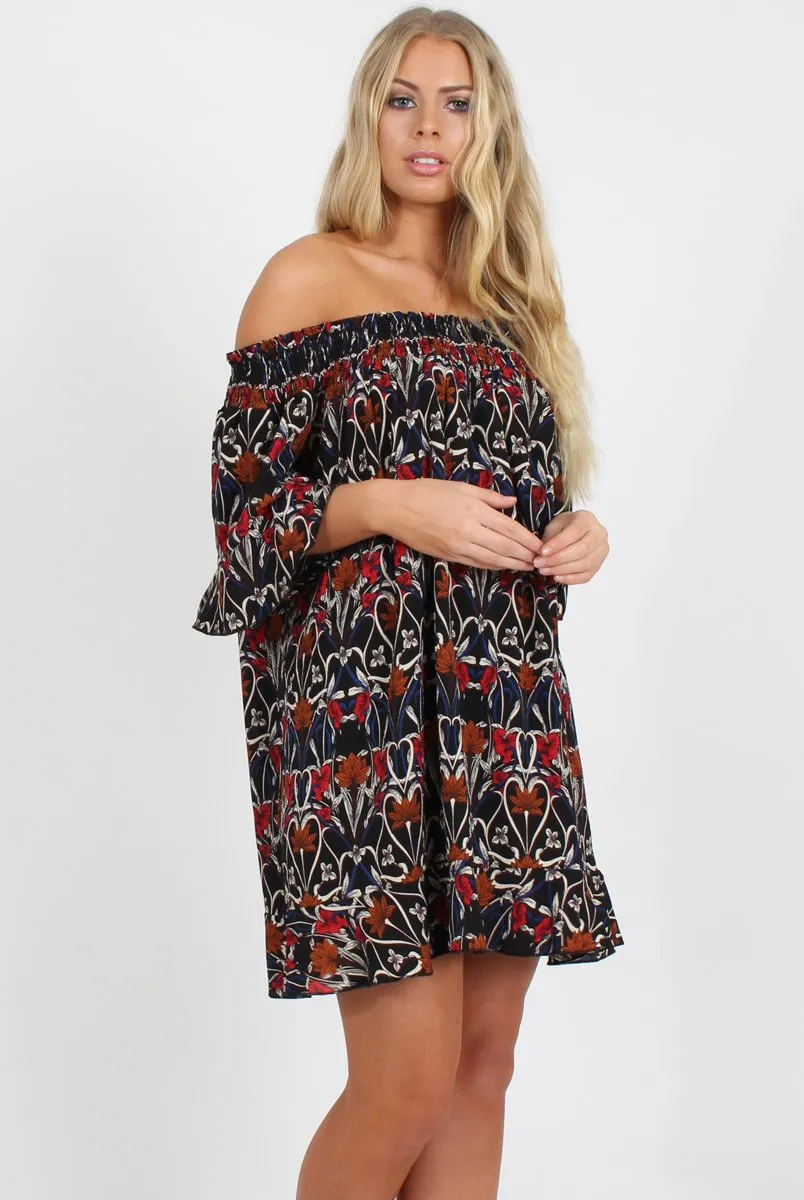 Rust Floral Bardot Ruffly Trim Detail Dress- Stefi