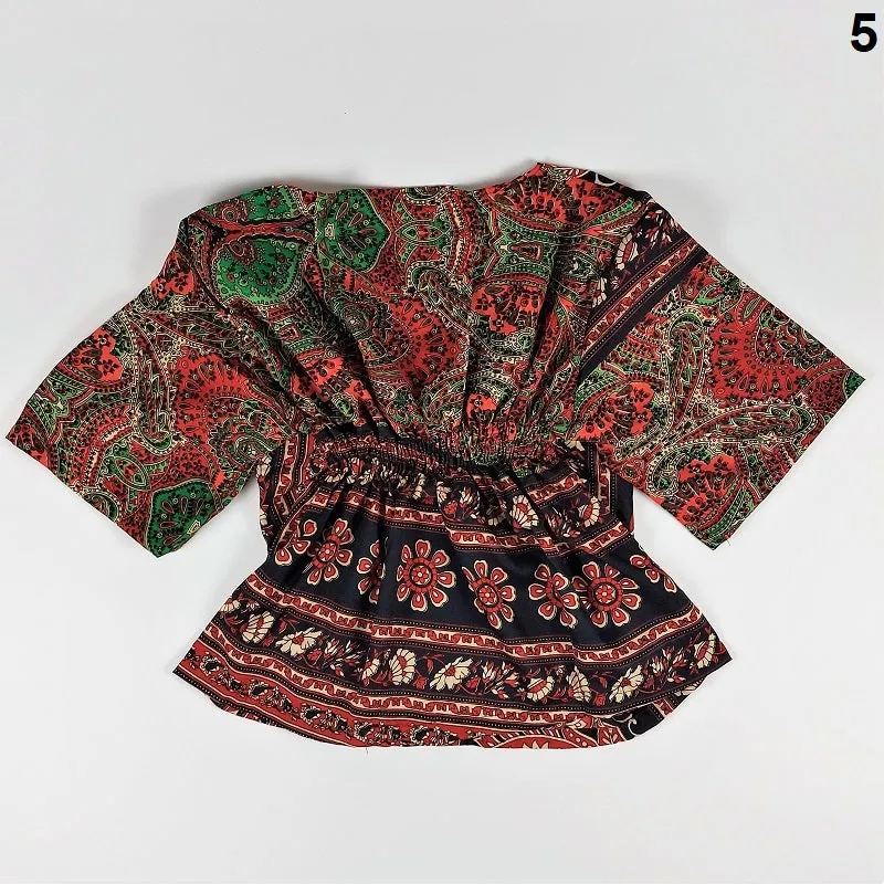 Selection of cropped summer tops with buttons in vintage saree fabrics for girls & young ladies
