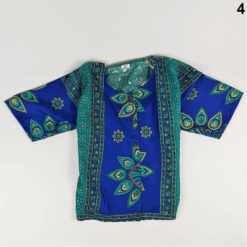 Selection of cropped summer tops with buttons in vintage saree fabrics for girls & young ladies