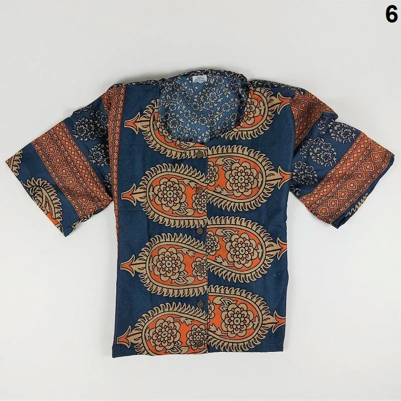 Selection of cropped summer tops with buttons in vintage saree fabrics for girls & young ladies