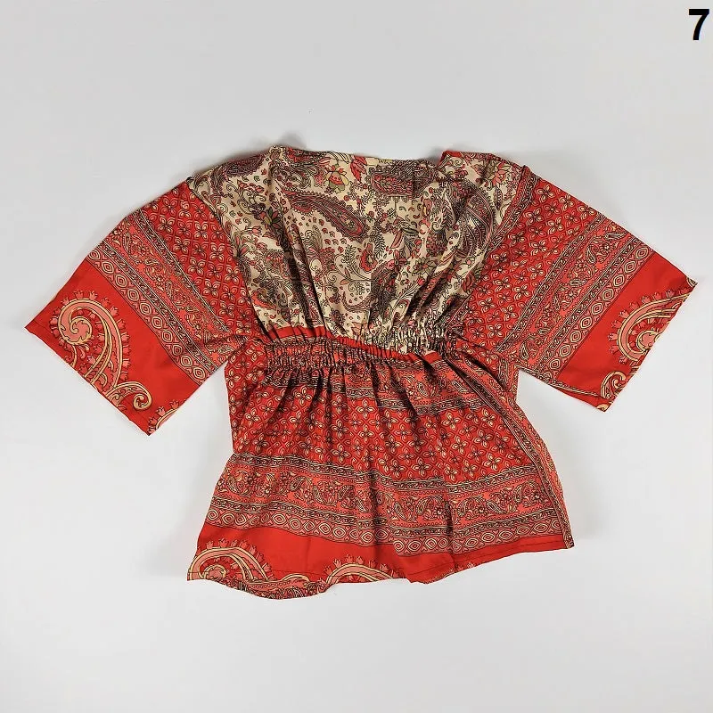 Selection of cropped summer tops with buttons in vintage saree fabrics for girls & young ladies