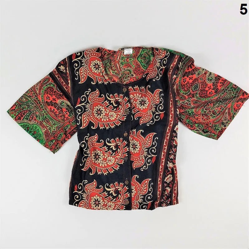 Selection of cropped summer tops with buttons in vintage saree fabrics for girls & young ladies